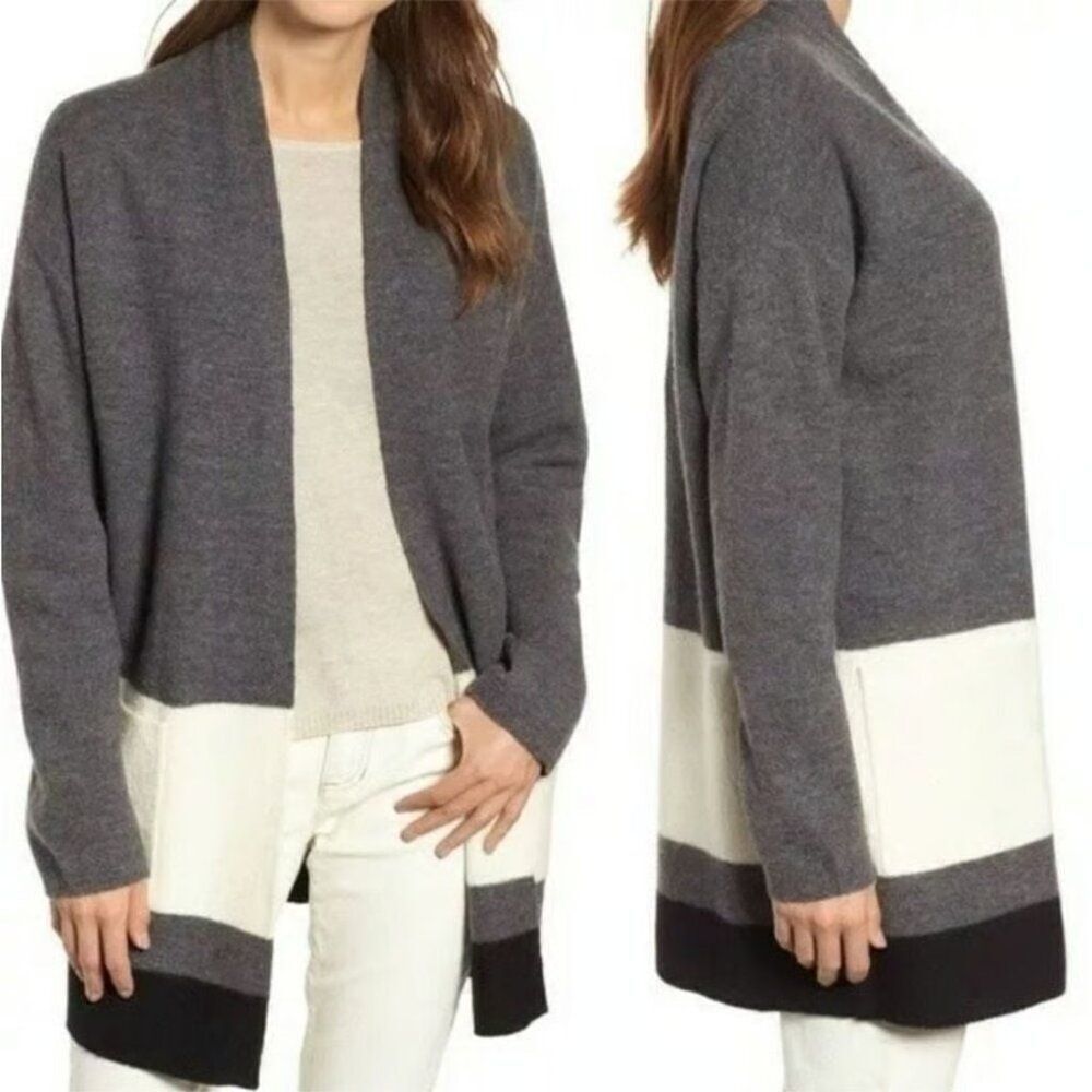 Eileen Fisher Womens Cardigan Sweater PS Petite Gray Colorblock Merino Wool EUC
